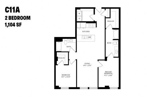 Floor plan for 2 beds, 2 baths, 1104 sqft